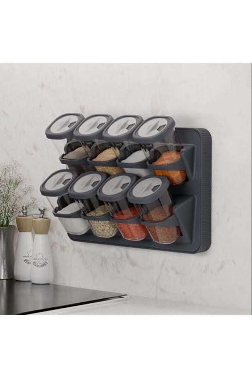 8Li Tezgah Üstü Standlı Döner Kapaklı Baharatlık Seti