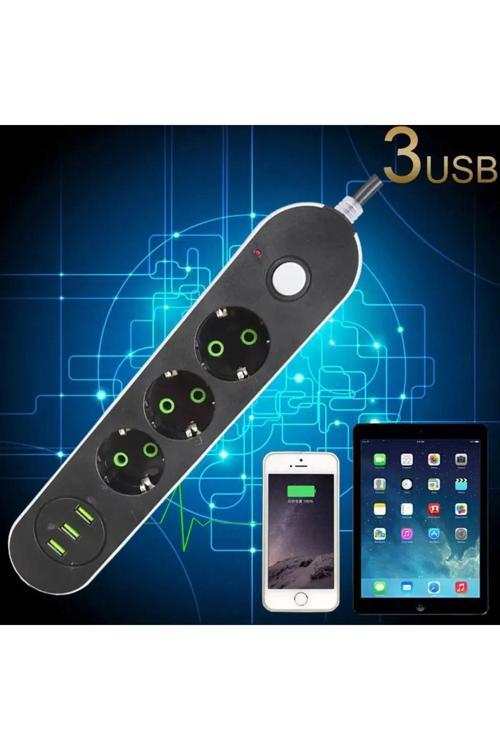 2 Metre Akım Korumalı Anahtarlı Grup Priz Ve 3'Lü Usb Girişli Şarj Aleti 28X58X40 1 Adet
