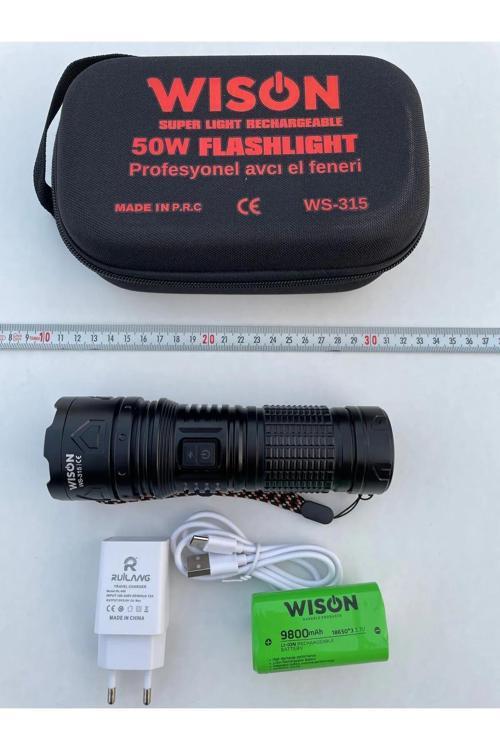Ws-315 Profesyonel Şarjlı Avcı El Feneri 50 Watt 9800 Mah Pil, Ultra Güçlü 2800 Lümen