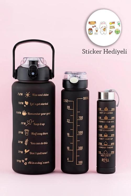 Motivasyonel 3Lü Set Su Matarası Su Şişesi Suluk 2Lt+900Ml+500Ml Tritan Spor Salonu Su Şişesi Suluk