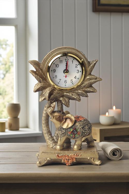 Lüks İşlemeli Saatli Fil Heykeli Dekoratif Masaüstü Biblo Yeni Yıl Yeni Ev & Ofis Hediyesi 17 cm.