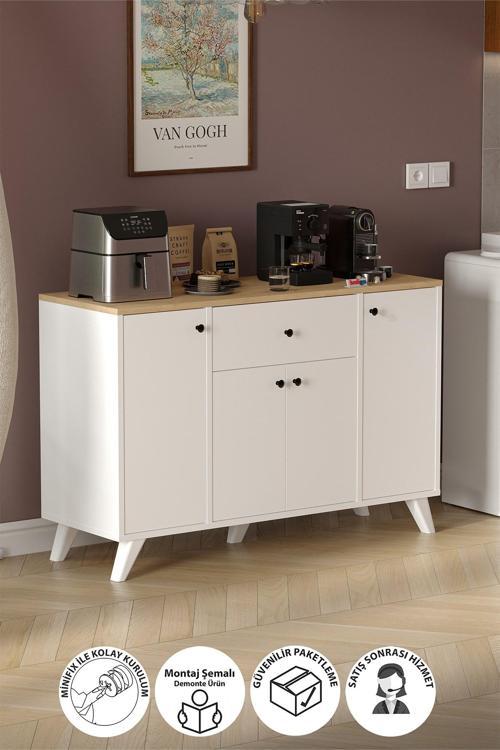 4 Kapaklı Dolap Çekmeceli Çok Amaçlı Dolap Mutfak Dolabı Kahve Köşesi Kiler İlayda Safir Meşe Beyaz