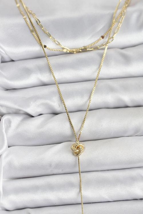 Pirinç Gold Renk Düğüm Model Detaylı 3'lü Kombin Y Kadın Kolye