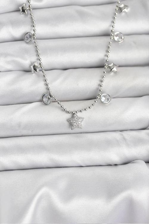 Pirinç Gümüş Renk Yıldız Model Kadın Kolye