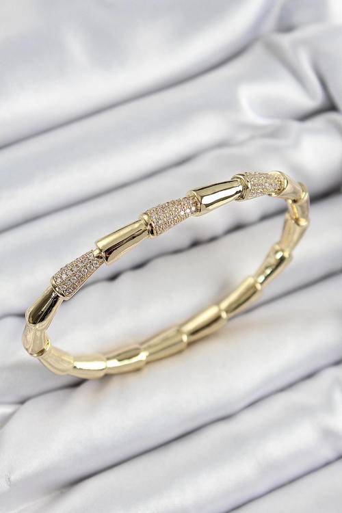 Pirinç Zirkon Taşlı Kemik Model Gold Renk Vip Kadın Bileklik