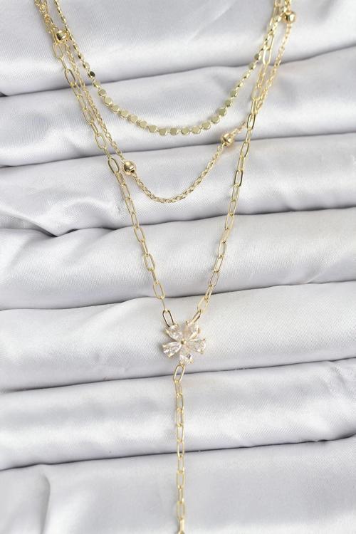 Pirinç Gold Renk Zirkon Taşlı Çiçek Model Detaylı 3'lü Kombin Y Kadın Kolye