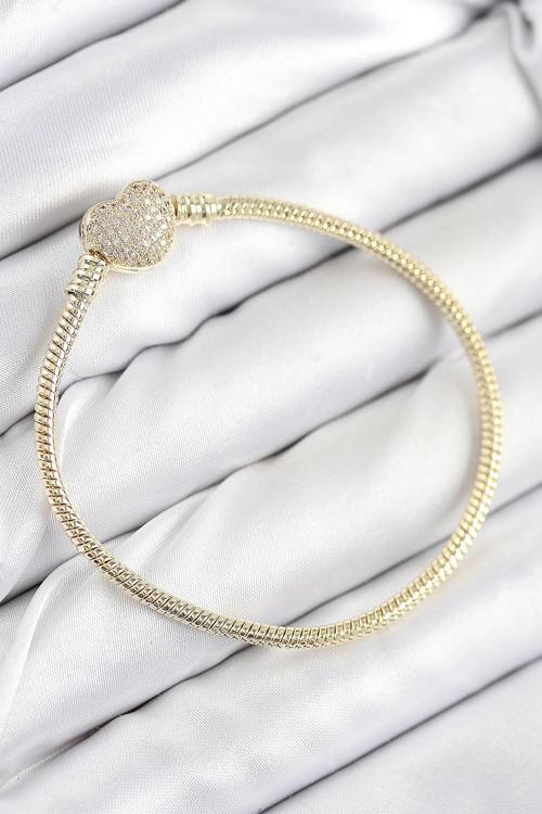 Pirinç Charm Zirkon Taşlı Kalp Model Gold Renk Kadın Bileklik