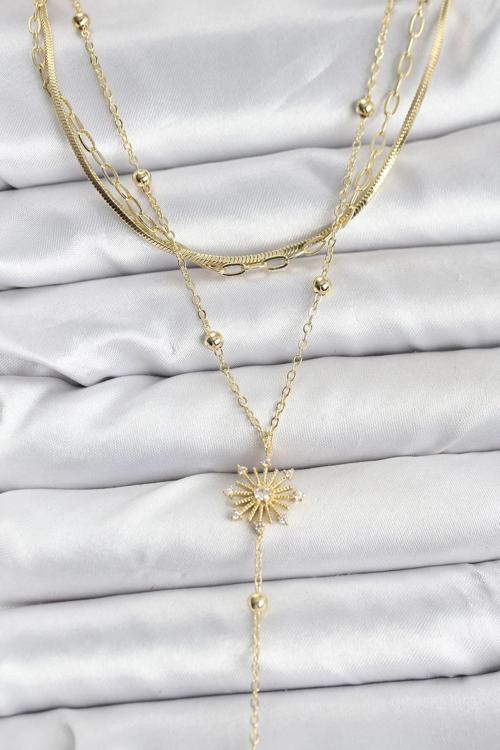 Pirinç Gold Renk Zirkon Taşlı Model Detaylı 3'lü Kombin Y Kadın Kolye