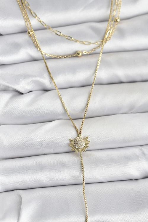 Pirinç Gold Renk Zirkon Taşlı Güneş Model Detaylı 3'lü Kombin Y Kadın Kolye