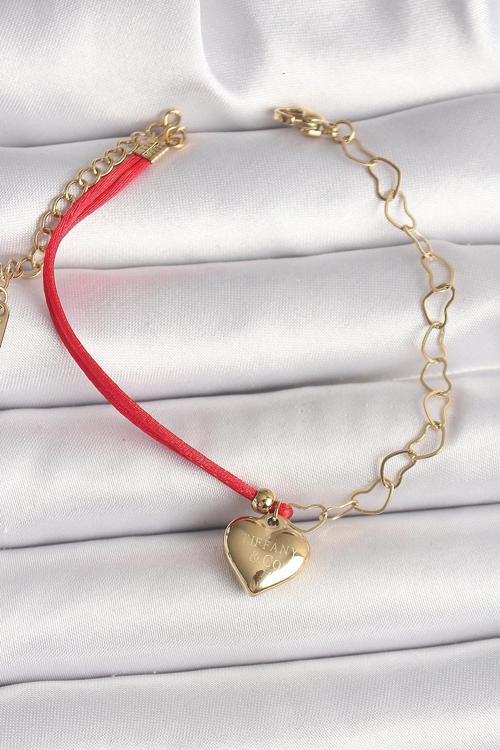 316L Çelik Gold Renk Zincir Kırmızı İp Model Sallantı Kalp Figür İşleme Detaylı Kadın Bileklik