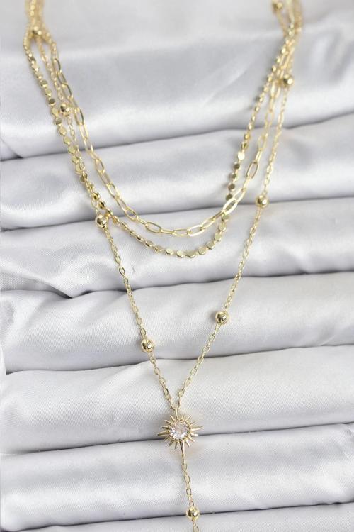 Pirinç Gold Renk Güneş Model Detaylı 3'lü Kombin Y Kadın Kolye