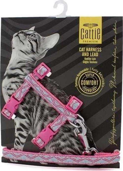Desenli Kedi Göğüs ve Gezdirme Tasma Aparatı Pembe 1x25-40 Cm