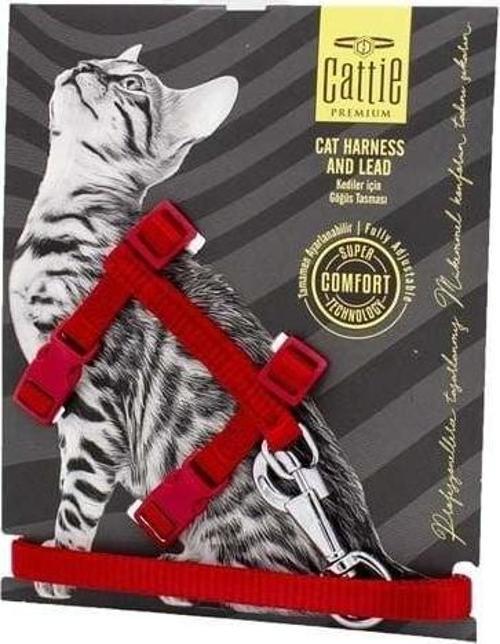 Kedi Göğüs ve Gezdirme Tasma Takımı Kırmızı 1x25-40 Cm