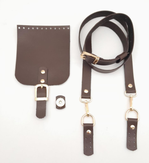 Çanta Aksesuar Kahverengi Tek Kat Suni Deri 130x2 cm Ayarlı Saplı Çanta Seti Light Gold Metalli