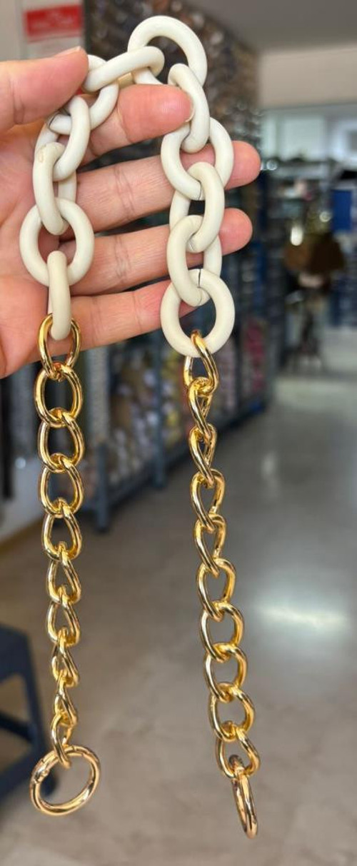 Çanta Aksesuar 54 cm Krem Mat Akrilik Zincirli Çanta Sapı Light Gold Metal