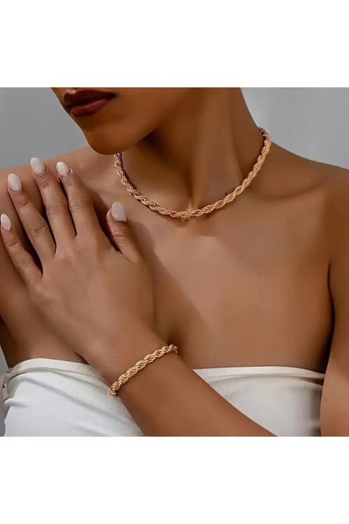 Unisex Rosegold Kalın (3Mm) Burgu Çelik Kolye Ve Bileklik Set