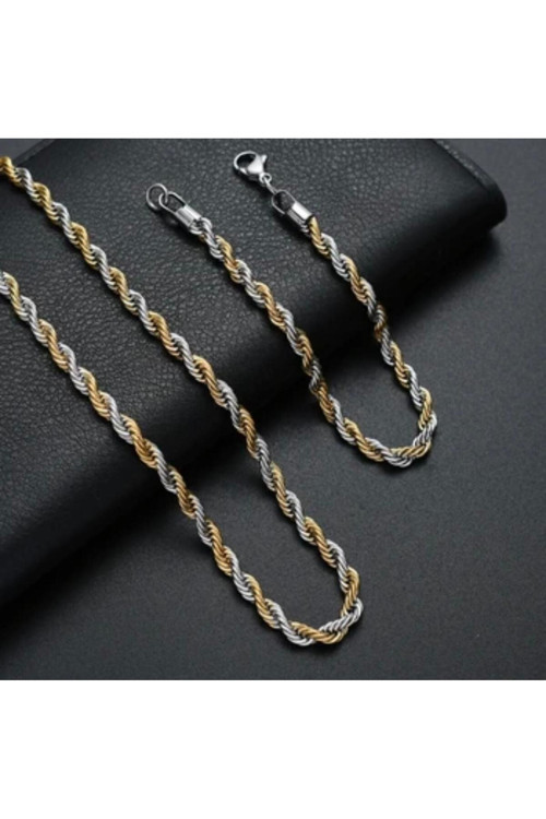 Gold&Gümüş Mixli Burgu Model Unisex Çelik Zincir Kolye Ve Bileklik 3Mm