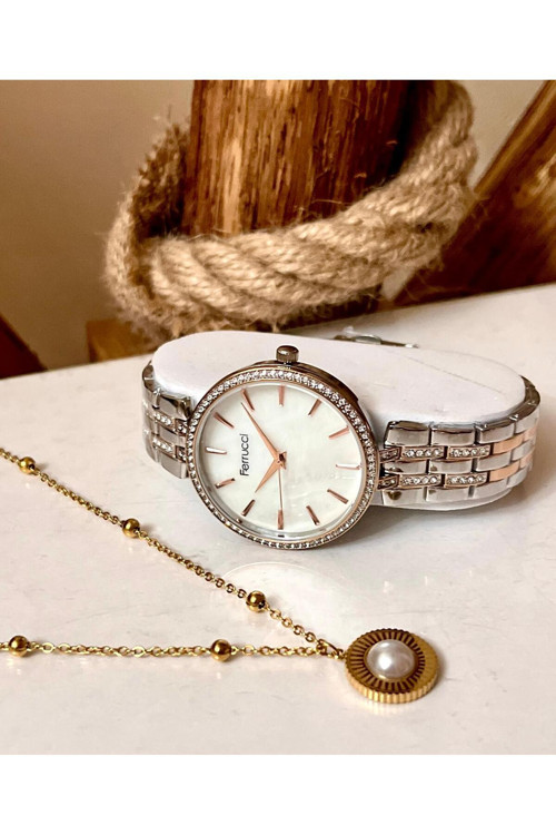 Silver&Rose Çelik Taşlı Kadın Kol Saat+%100 Çelik Kolye Hediye