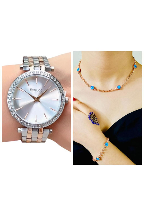 1. Sınıf Çelik Sade Şık Kadın Kol Saat+Nazarlıklı Hediye Set