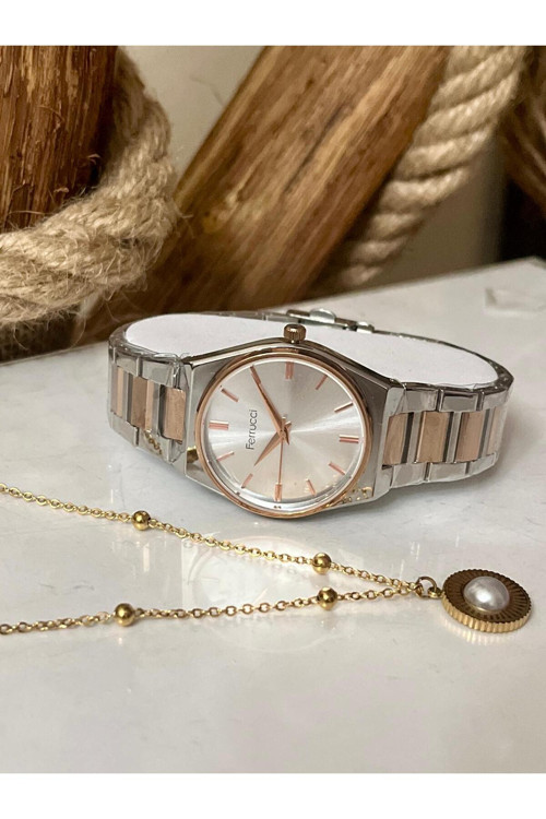 Silver&Rose Çelik Klasik Model Kadın Kol Saati+%100 Çelik İncili Kolye