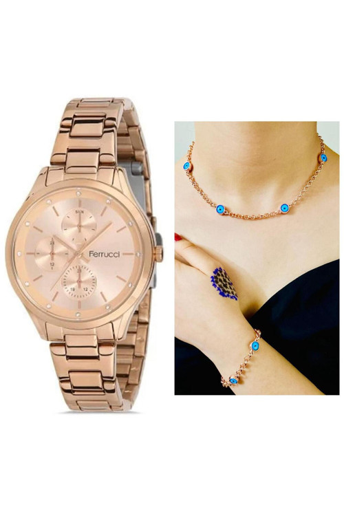 Rosegold Çelik Kadın Kol Saat+Nazarlıklı Set Hediyeli