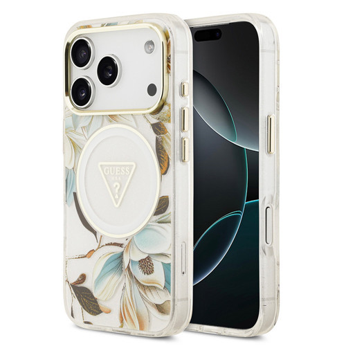 İphone 17 Pro Kılıf Lisanslı M-Safeli Simli Çiçek Desenli Metal Kamera Çerçeveli Kapak Beyaz