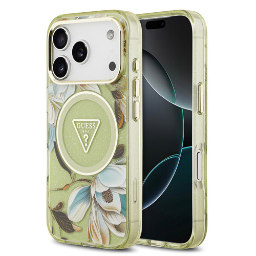 İphone 17 Pro Kılıf Lisanslı M-Safeli Simli Çiçek Desenli Metal Kamera Çerçeveli Kapak Yeşil
