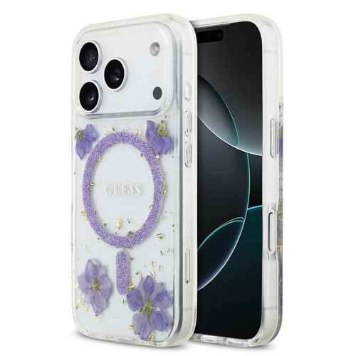İphone 17 Pro Uyumlu Kılıf Lisanslı M-Safe Şarj Özellikli Transparan Resin Flowers Kapak Mor