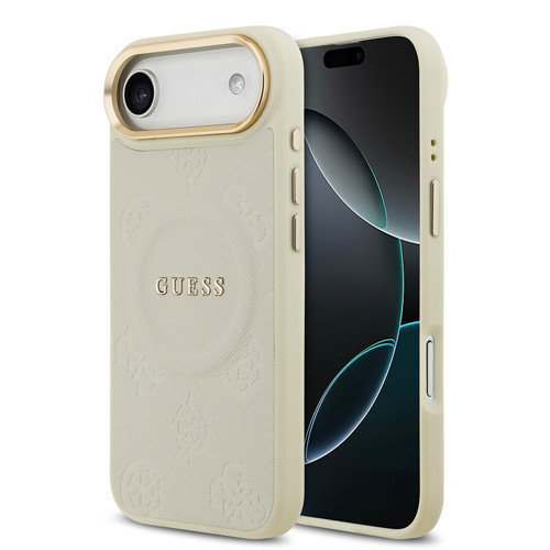 İphone 17 Air Uyumlu Kılıf Lisanslı M-Safeli Sıcak Baskı Yazı Logolu Pu Deri Peony Kapak Bej