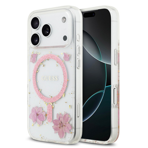 İphone 17 Pro Uyumlu Kılıf Lisanslı M-Safe Şarj Özellikli Transparan Resin Flowers Kapak Pembe