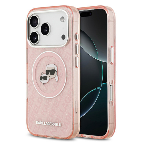 İphone 17 Pro Max Kılıf Lisanslı Parlayan Simli Karl & Choupette Heads Kapak Pembe