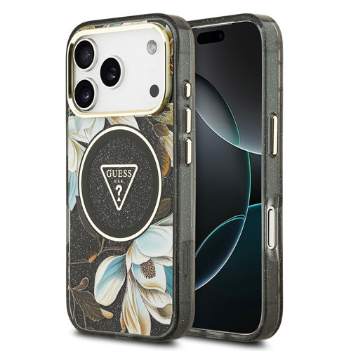 İphone 17 Pro Max Kılıf Lisanslı M-Safeli Simli Çiçek Desenli Metal Kamera Çerçeveli Siyah