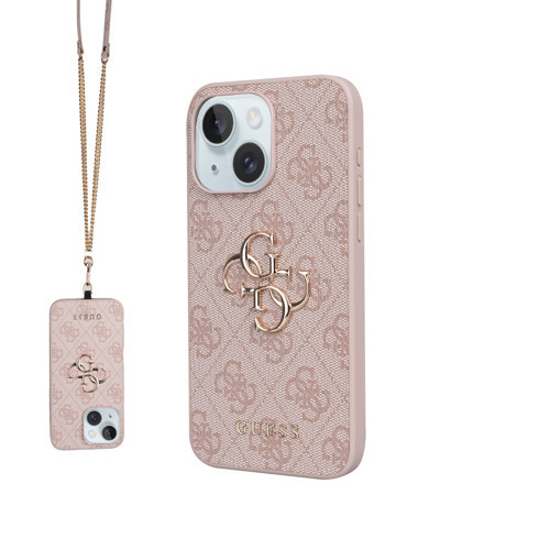 İphone 15 Plus Uyumlu Kılıf Lisanslı Pu 4G Büyük Metal Logolu Çapraz Vücut Askılı Kapak Pembe