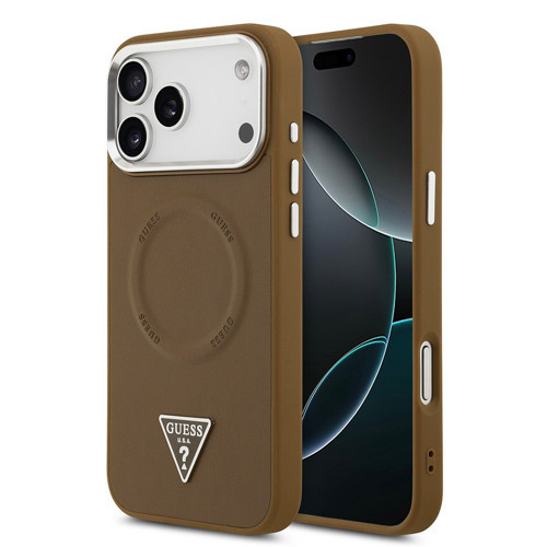 İphone 17 Pro Kılıf Lisanslı M-Safeli Pu Deri Metal Kamera Çerçeve Üçgen Logo Kapak Kahverengi