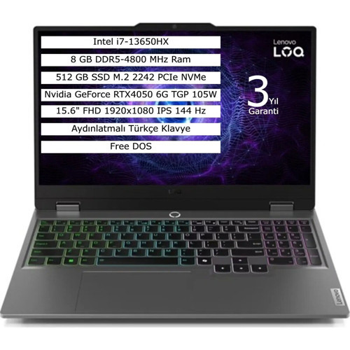 Loq 15IRX9 Intel Core I7 13650HX 8gb 512GB SSD 6gb RTX4050 Freedos 15.6" Fhd Taşınabilir Bilgisayar 83DV0117TR
