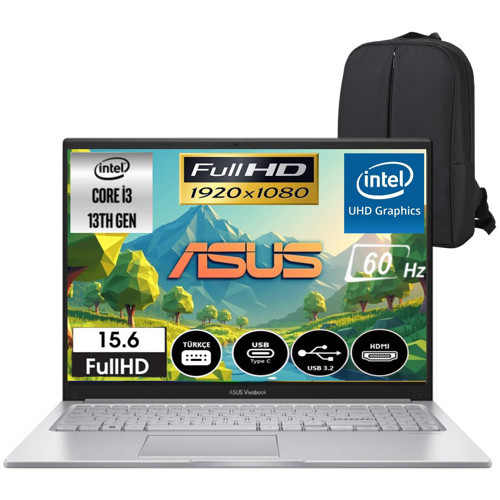 Vivobook 15 Intel Core I3-1315U 40GB 256GB SSD 15.6" Fullhd Windows 11 Taşınabilir Bilgisayar & Cimete Çanta