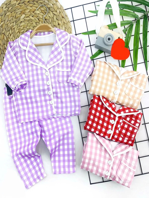 9-12-18-24 Ay Kare Baskılı Düğme Kapamalı 2li Kız Erkek Bebek Pijama Takımı Lila