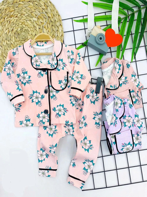 9-12-18-24 Ay Çiçek Baskılı Düğme Kapamalı 2li Kız Erkek Bebek Pijama Takımı Lila