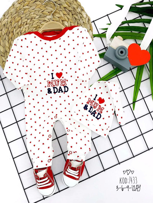 3-6-9-12 Ay Kuyruklu Şapkalı Piti Kalp I Love Mum&dad Baskılı Uzun Kollu Kız Erkek Bebek Tulumu Beya