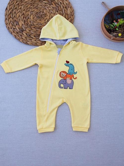6-9 9-12 Ay Ef Çizgi Boy Fermuarlı Hayvanlar Alemi Nakışlı Kapşonlu Kız Erkek Bebek Tulumu Sarı