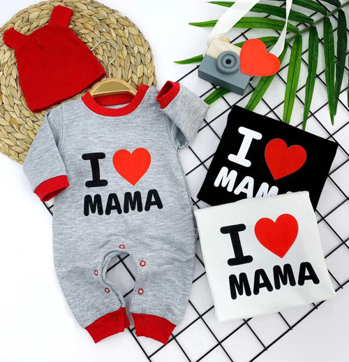 3-6-9-12 Ay Kulaklı Şapka I Love Mama Baskılı Kız Erkek Bebek Tulum Gri