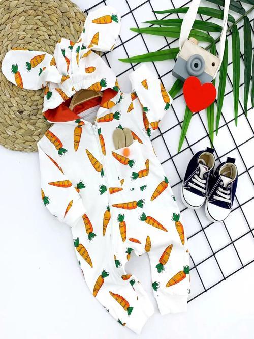 3-6-9-12 Ay Kulaklı Kapşonlu Havuç Baskılı Uzun Kollu Kız Erkek Bebek Tulumu Ekru