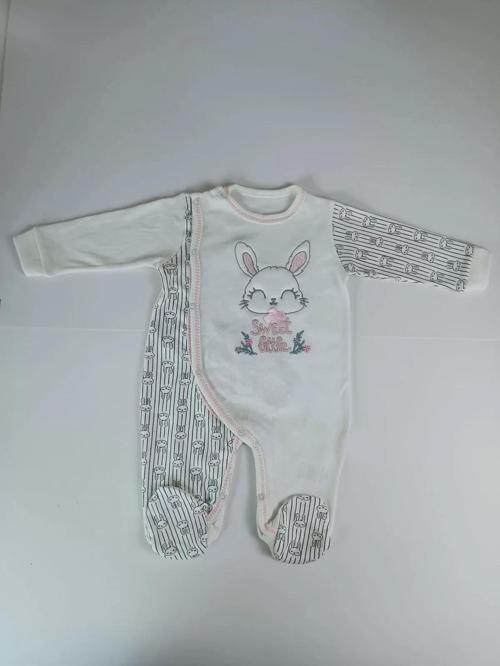 0-3 3-6 Ay Minik Tavşan Nakışlı Boydan Çıtçıt Kapamalı Kız Erkek Bebek Tulumu Ekru