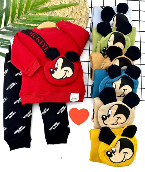9-12-18-24 Ay Mickey Kendinden Ferumarlı Çanta Uzun Kollu Sweat 2li Kız Erkek Bebek Takımı Hardal