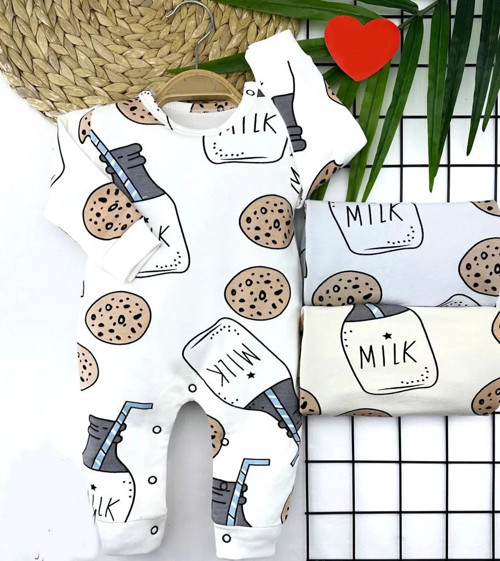3-6-9-12 Ay Yaka Çıtçıtlı Milk Baskılı Uzun Kollu Kız Erkek Bebek Tulumu Mavi