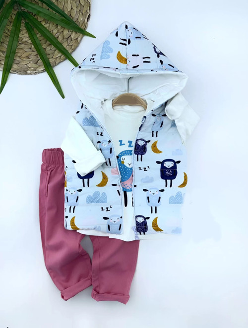 9-12-18-24 Ay Kapşonlu Fermuarlı Kuzucuk Şişme Yelek Sweat Pantolonlu 3lü Kız Erkek Bebek Takımı Mav