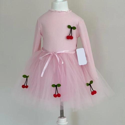 5-6-7 Yaş Kiraz Desenli Kurdela Kuşaklı Astarlı Uzun Kollu Kız Çocuk Tütü Elbise Pembe