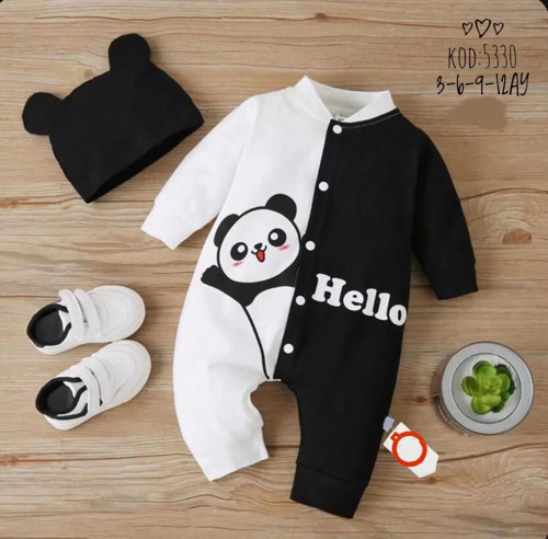 3-6-9-12 Ay Kulaklı Şapkalı Hello Panda Baskılı Çıtçıt Kapama Kız Erkek Bebek Tulumu(ayakkabısız) Si