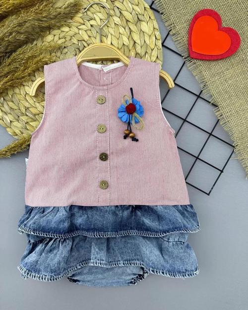 6-9-12-18 Ay Gül Rozet Detaylı Kot Kilotlu Etek Kız Bebek Elbisesi Gül Kurusu