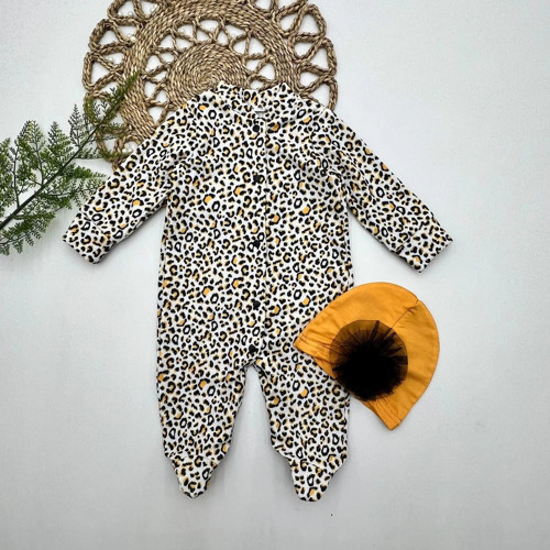 0-3-6-9 Ay Leopar Baskılı Tam Boy Çıtçıtlı Patikli Güllü Boneli Kız Bebek Tulumu Turuncu